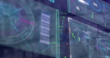 Mavi arka planda finansal veri işleme resmi. küresel iş, finans ve dijital arayüz kavramı dijital olarak oluşturulmuş görüntü.