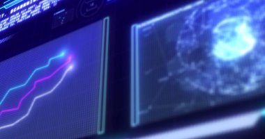 Ekranların üzerinde bilimsel veri işleme resmi. Bilim, dijital arayüz ve veri işleme kavramı dijital olarak oluşturulmuş görüntü.