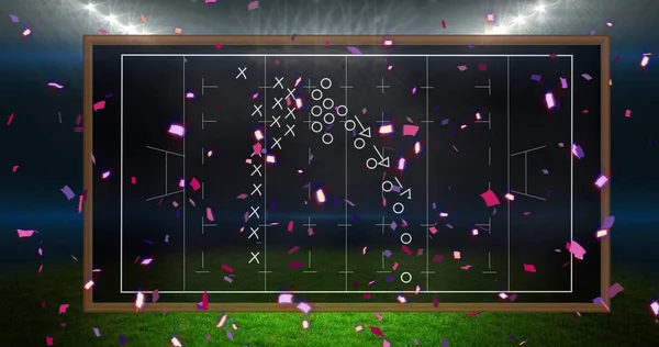 Confetti Caindo Sobre Layout Campo Futebol Contra Estádio Esportes Segundo — Fotografia de Stock