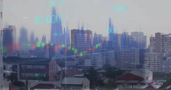 Imagen Del Procesamiento Datos Financieros Través Del Paisaje Urbano Concepto — Foto de Stock