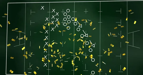Afbeelding Van Confetti Vallen Sport Tactiek Rugby Veld Schoolbord Achtergrond — Stockfoto