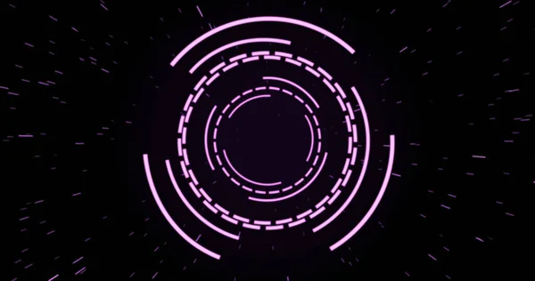 黒の背景に紫色の円形のインターフェイスのイメージが脈動し 斑点の上に回転します デジタルインターフェイスとデータ処理の概念デジタル生成された画像 — ストック写真