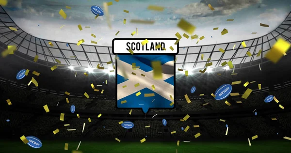Imagen Confeti Bandera Escocia Sobre Pelotas Rugby Cayendo Estadio Concepto — Foto de Stock