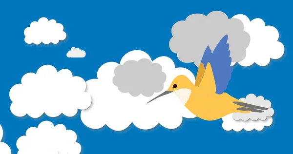 Imagem Ilustração Pássaro Amarelo Voando Sobre Nuvens Fundo Azul Dia — Fotografia de Stock