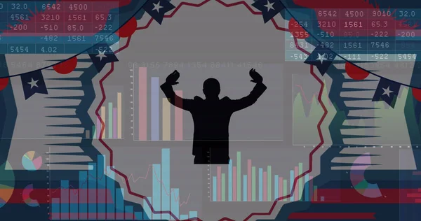 アメリカ国旗のイメージと統計処理の男を祝う アメリカの愛国心 独立性 ビジネスコンセプトがデジタルで生み出されたイメージ — ストック写真