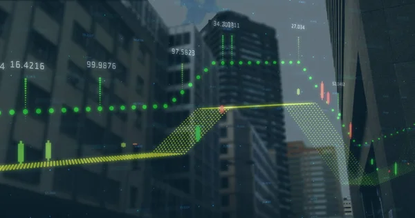 Imagen Del Procesamiento Datos Financieros Sobre Edificios Modernos Ciudad Negocio —  Fotos de Stock