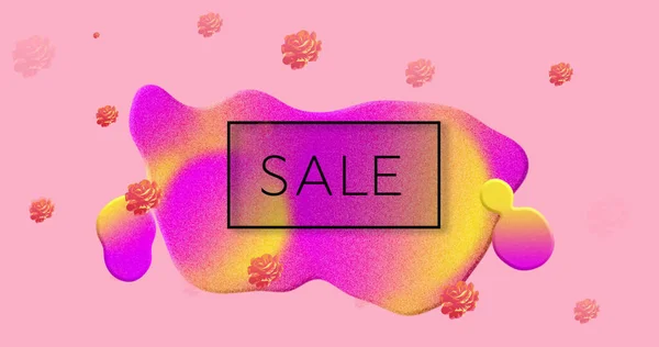 ピンクの背景に輝くブロブと花のフレームで販売テキストのイメージ 販売小売通信の概念デジタル的に生成された画像 — ストック写真