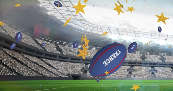 スタジアムでフランス語のテキストで落ちるラグビーボールの上の星のイメージ スポーツやソーシャルメディアの概念をデジタルで — ストック写真