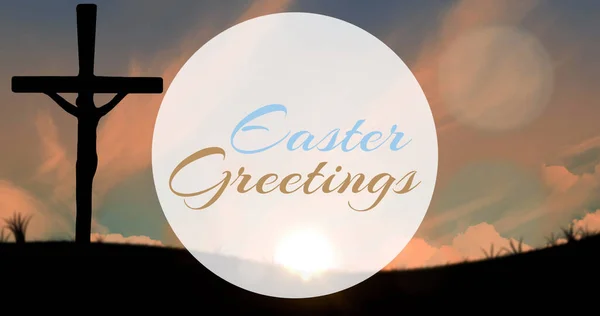 Image Easter Greetings Text Cross Easter Sunday Celebration Concept Digitally — Stock Photo, Image