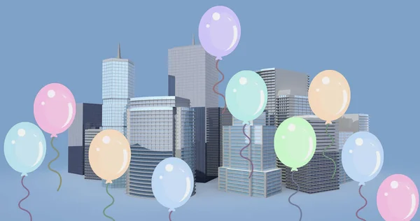 青を背景にした3次元の高層ビルモデル上に浮かぶ複数の気球のデジタル画像 お祝いと建築のコンセプト — ストック写真