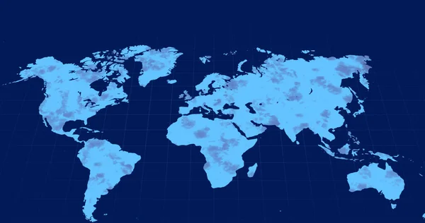 青い背景に正方形と世界地図の画像 地球規模の通信技術の概念デジタル生成された画像 — ストック写真