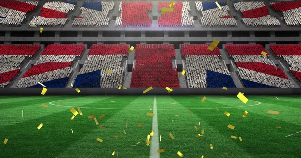 Spor Stadyumunda Birleşik Krallık Bayrağı Üzerine Düşen Altın Konfetilerin Görüntüsü — Stok fotoğraf