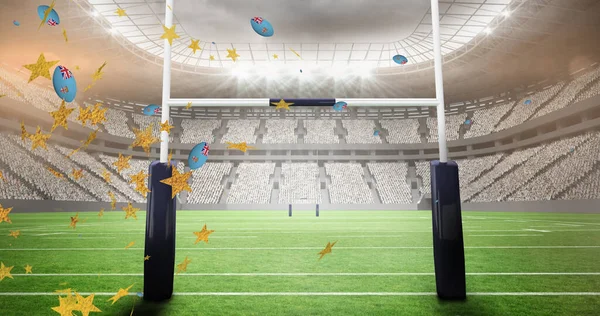 Imagen Estrellas Sobre Bandera Pelotas Rugby Cayendo Estadio Concepto Deporte —  Fotos de Stock