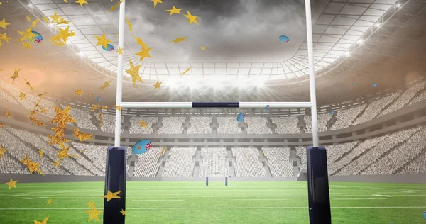 Imagem Estrelas Sobre Bolas Rugby Coloridas Com Bandeira Fiji Caindo — Fotografia de Stock
