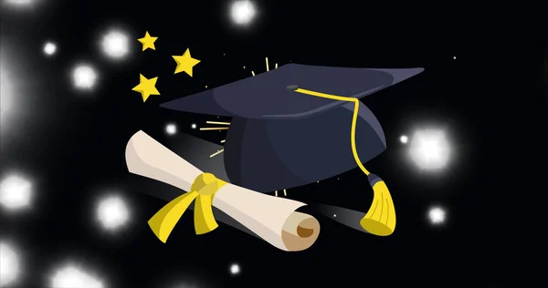 黑色背景上气球和亮点上的毕业帽图像 教育和学习概念数字生成的图像 — 图库照片