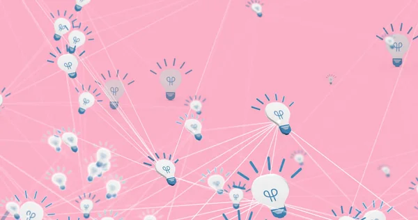 粉色背景上与灯泡图标连接的网络图像 全球商业 连接和数字接口概念数字生成的图像 — 图库照片