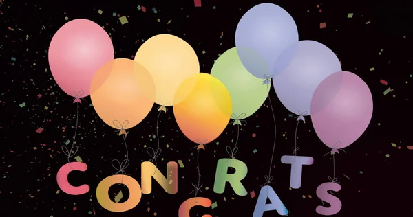 Afbeelding Van Gefeliciteerde Tekst Confetti Kleurrijke Ballonnen Zwarte Achtergrond Viering — Stockfoto