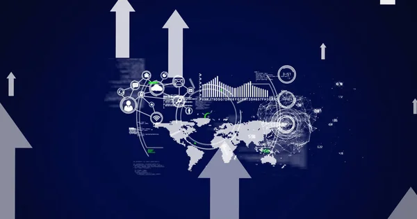 在蓝色背景下 箭头和范围扫描财务数据处理的图像 全球商业 连接和数字接口概念数字生成的图像 — 图库照片