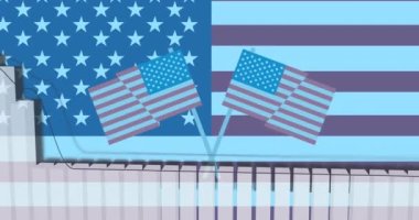 Amerika Birleşik Devletleri bayrakları üzerinde istatistiklerin işlenmesi. Amerikan vatanseverliği, bağımsızlık ve iş konsepti dijital olarak üretilen video.