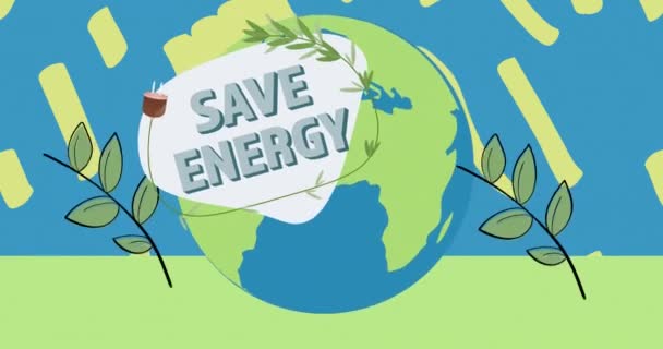 Animatie Van Bespaar Energie Tekst Hele Wereld Bladeren Blauwe Groene — Stockvideo