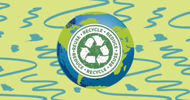 Animatie Van Recycling Teken Tekst Hele Wereld Blauwe Groene Achtergrond — Stockvideo