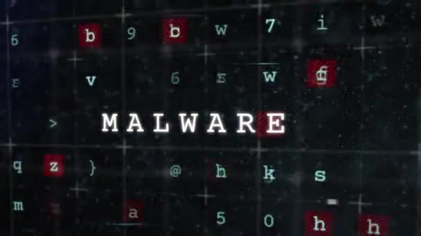 Animação Hacking Texto Malware Branco Sobre Luzes Processamento Dados Fundo — Vídeo de Stock