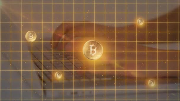 Animação Símbolos Bitcoin Linhas Sobre Mãos Escrevendo Teclado Conceito Global — Vídeo de Stock