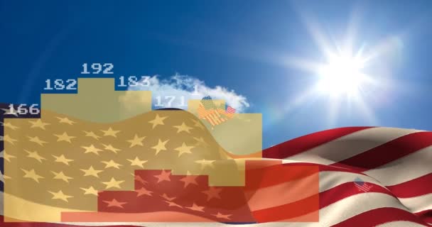 Анимация Статистики Обработки Чисел Над Флагами Соединенных Штатов Америки Американский — стоковое видео