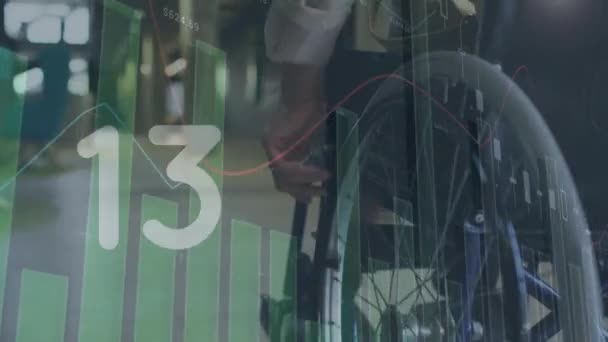 Анімація Цифр Обробка Статистики Над Жінкою Інвалідному Візку Офісі Концепція — стокове відео
