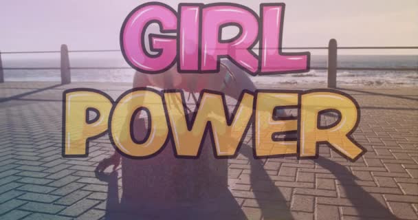 Animatie Van Meisje Macht Tekst Biraciale Vrouw Oefenen Promenade Gezondheid — Stockvideo