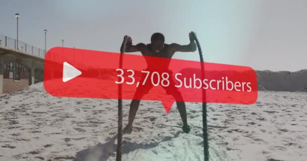 Animation Media Ikon Över Afrikansk Amerikansk Man Utövar Stranden Hälsa — Stockvideo