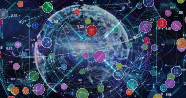 Dünya çapında bağlantı, simge ve veri işleme ağının resmi. dijital arayüz, bağlantılar, dijital arayüz ve dijital olarak oluşturulan veri işleme kavramı.