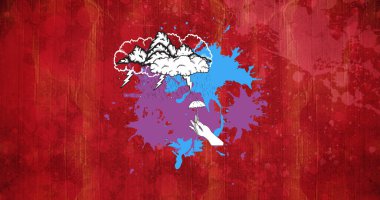 Kırmızı arkaplan üzerinde el ve bulut simgeleri. hobi ve yaşam tarzı kavramı dijital olarak oluşturulmuş görüntü.