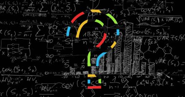 Siyah zemin üzerinde soru işareti ve matematiksel denklemlerin resmi. eğitim, bilgi ve okul konsepti dijital olarak oluşturulmuş imaj.