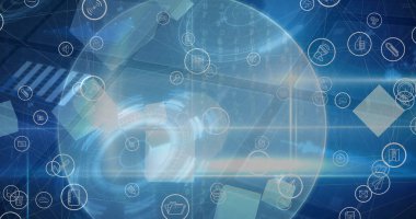 Dünya çapında bağlantı, simge ve veri işleme ağının resmi. dijital arayüz, bağlantılar, dijital arayüz ve dijital olarak oluşturulan veri işleme kavramı.