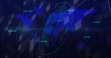 Dünya haritası ve finansal veri işleme resmi. küresel iş, finans ve dijital arayüz kavramı dijital olarak oluşturulmuş görüntü.