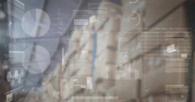 Boş deponun üzerindeki finansal veri işleme resmi. küresel sevkiyat, dağıtım ve bağlantılar konsepti dijital olarak oluşturuldu.