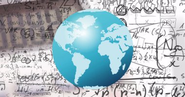 Okul defterindeki matematik denklemlerinin üzerindeki dünya görüntüsü. öğrenim ve matematik eğitim kavramı dijital olarak oluşturulmuş görüntü.