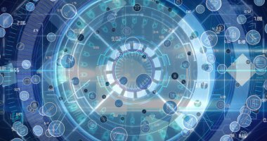 Kapsam üzerinde bağlantılar, simgeler ve veri işleme ağının resmi. dijital arayüz, bağlantılar, dijital arayüz ve dijital olarak oluşturulan veri işleme kavramı.