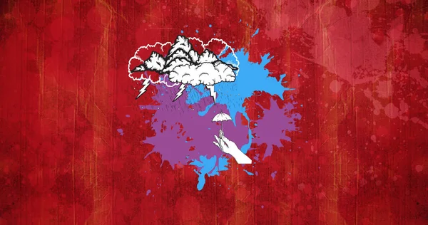 Kırmızı arkaplan üzerinde el ve bulut simgeleri. hobi ve yaşam tarzı kavramı dijital olarak oluşturulmuş görüntü.