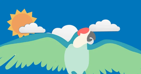 Mavi Arka Planda Bulutların Üzerinde Uçan Papağan Resmi Kuş Günü — Stok fotoğraf