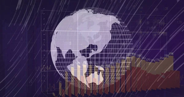Image of financial data processing over globe on black background. global finance, business and digital interface concept digitally generated image.