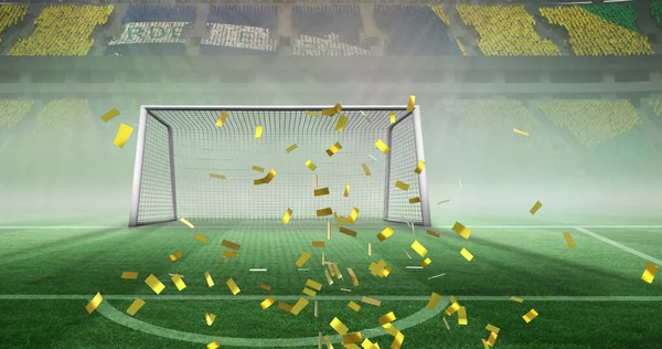 Bild Guld Konfetti Faller Över Flaggan Brasilianska Och Fotbollsmål Idrottsarenan — Stockfoto