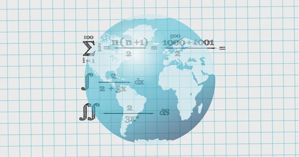 Afbeelding Van Globe Wiskundige Vergelijkingen Schoolschrift Leer Rekenonderwijsconcept Digitaal Gegenereerd — Stockfoto