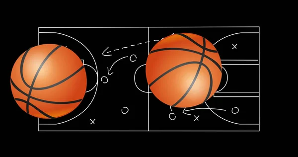 Imagen Balones Baloncesto Sobre Dibujo Del Plan Juego Sobre Fondo —  Fotos de Stock