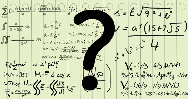 Immagine Punto Interrogativo Equazioni Matematiche Sfondo Bianco Educazione Conoscenza Concetto — Foto Stock
