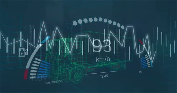 Obraz Przetwarzania Danych Finansowych Panelu Samochodowego Cyfrowym Modelu Ciężarówki Globalna — Zdjęcie stockowe