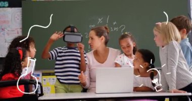 Kafkasyalı kadın öğretmen ve VR kulaklıklı çeşitli öğrencilerin bilim ikonlarının canlandırılması. Ulusal Öğretmenler Günü ve dijital olarak oluşturulan video konsepti.