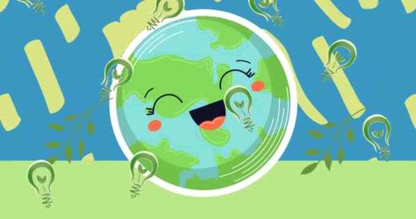 Animáció Mosolygó Földgömb Levelek Kék Zöld Háttérrel Föld Környezet Fenntarthatóság — Stock videók