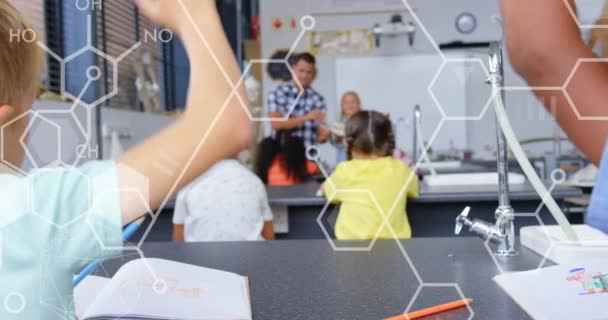 Animation Chemical Icons Diverse Schoolchildren Raising Hands Classroom National Teacher — Stock Video
